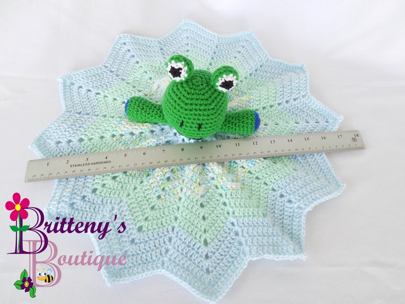 Baby Lovey Crochet Baby Lovey Crochet Plush Green Frog Baby Boy Blue Security Blanket Snuggle Blanket Baby Shower Gift 17 inches image 10