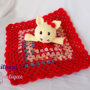 Baby Lovey Crochet Baby Lovey Crochet Plush White Cat Red Blanket Security Blanket Snuggle Blanket Baby Shower Gift 18 inches image 1