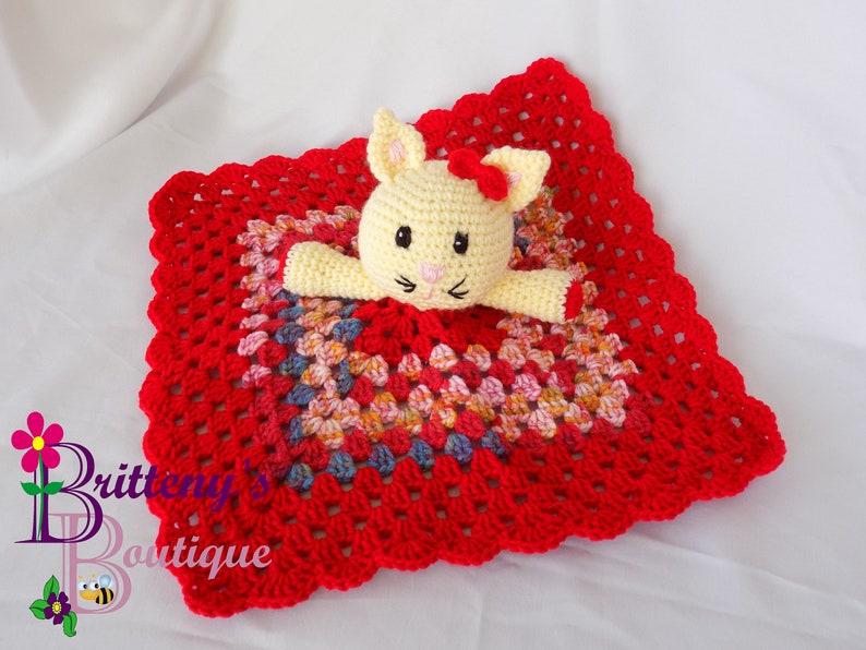 Baby Lovey Crochet Baby Lovey Crochet Plush White Cat Red Blanket Security Blanket Snuggle Blanket Baby Shower Gift 18 inches image 1