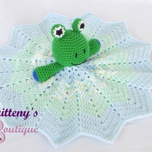 Baby Lovey Crochet Baby Lovey Crochet Plush Green Frog Baby Boy Blue Security Blanket Snuggle Blanket Baby Shower Gift 17 inches image 1