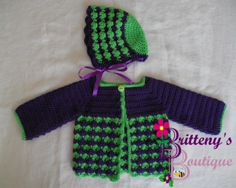 Grape Cardigan Baby Girl's Grape Berry Cute Sweater Bonnet and Booties Set Handmade Crochet 18 Months Size Baby Girl Shower Gift