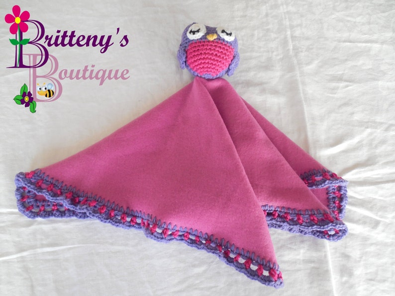 Baby Lovey Crochet Baby Lovey Crochet Plush Purple Owl Baby Fleece Lovey Baby Security Blanket Snuggle Blanket Baby Shower Gift image 3