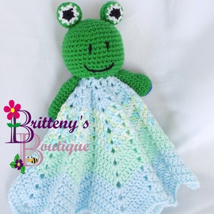 Baby Lovey Crochet Baby Lovey Crochet Plush Green Frog Baby Boy Blue Security Blanket Snuggle Blanket Baby Shower Gift 17 inches image 7