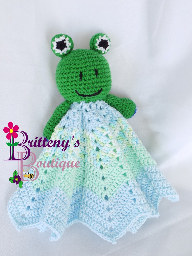 Baby Lovey Crochet Baby Lovey Crochet Plush Green Frog Baby Boy Blue Security Blanket Snuggle Blanket Baby Shower Gift 17 inches image 7