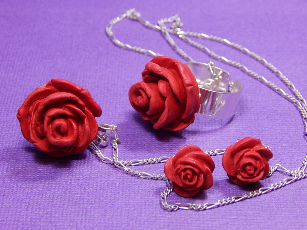 Belle's Red Roses: a Handmade Set of Red Rose Jewelry Fit - Etsy