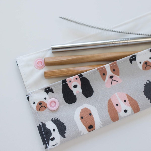 Puppy Party Straw Pouch, Waterproof, Zero Waste, Straw Bag, Straw Case, Bamboo Chopsticks, Stainless Steel Straw and Brush, Dogs, Charity