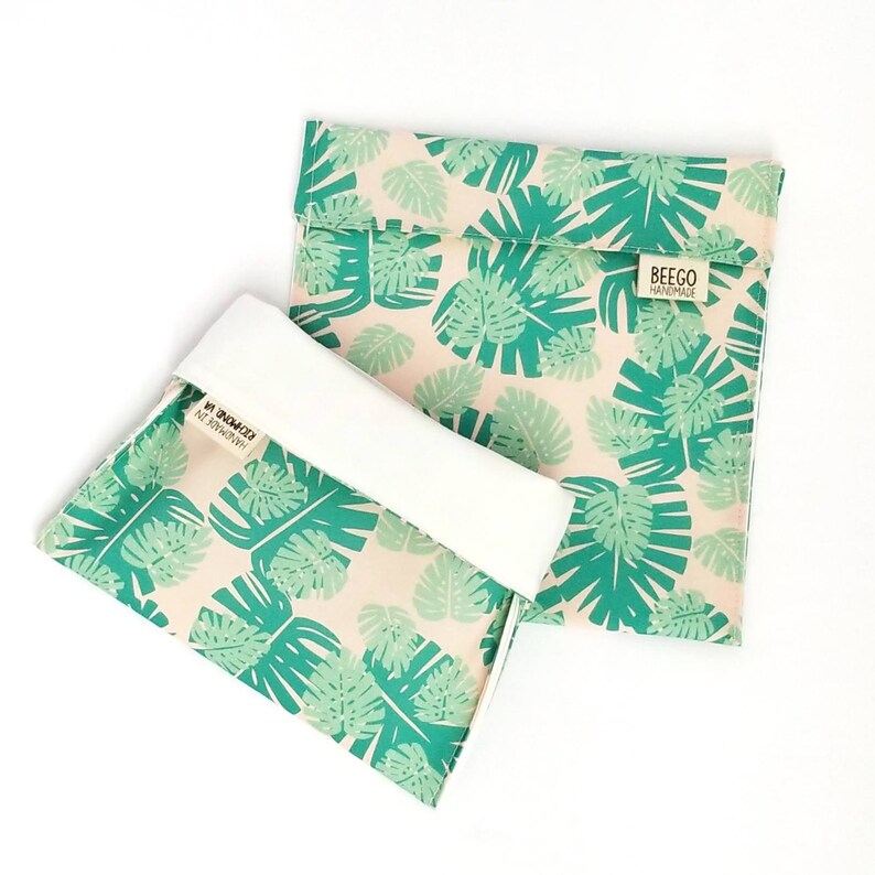 Monstera Leaf Reusable Snack Bag, Reusable Sandwich Bag, Zero Waste, Washable Snack Bag, Eco Friendly, Snaps, Plant Lady, Sustainable image 4