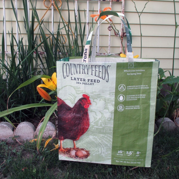 Up Cycled Chicken Grain Bag Tote / Repurposed Hen Grain Sack / Grocery Tote Bag / Recycled Country Feed Bag / Layer Feed 16% Pellet