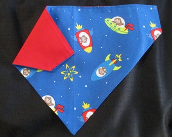 Homemade Over the Collar Reversible Dog Bandana, Monkeys in Spaceships Print, Cotton Material, Dog Neckerchief, Dog Scarf, Pet Accessory