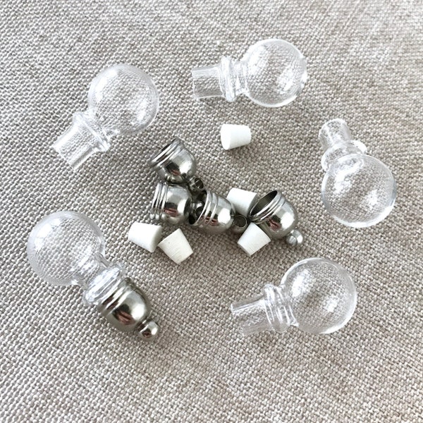 Handblown Round Glass Bottles - Glass Vials - With rubber corks and cap with loop - Gbottle-rbulb - Package of 5 Bottles