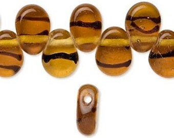 11mm Glass Teardrops Flat - Amber Golden Black Stripe - Top Drilled - Tear drop - Package of 64