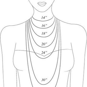 May include: Diagram showing different necklace lengths in inches, from 14 inches to 33 inches, on a model's neck.