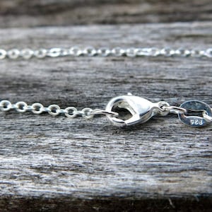 May include: A silver chain necklace with a lobster clasp closure. The clasp is stamped with "925", indicating that the necklace is made of sterling silver.