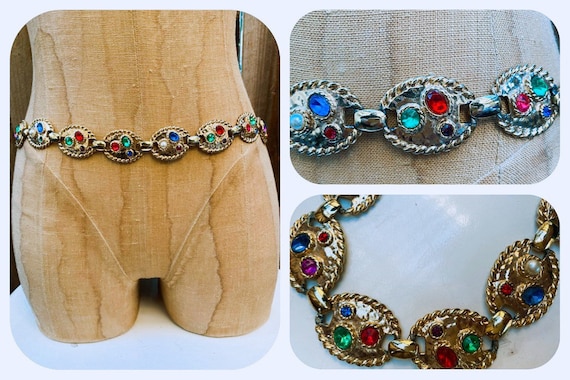 Multi-Color Rhinestone Metal Chain Belt