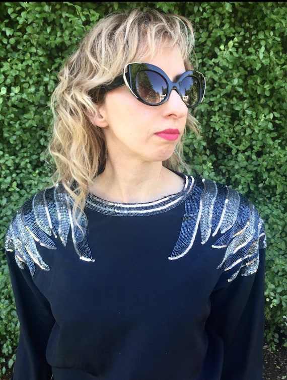 Silver Beaded Black Glam Rock Cocktail Dress