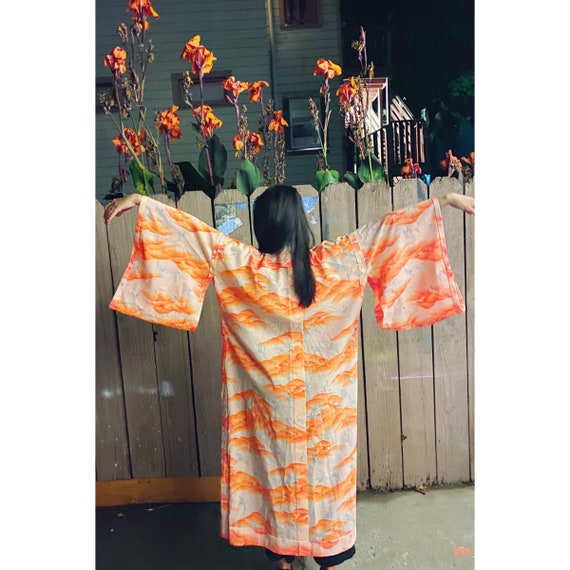 Vintage Peach And Orange Crane Print Kimono
