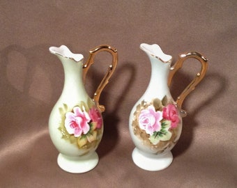 Set of 2 Vintage Lefton Fine China Pitchers - Miniature Pitcher, Vase - Heritage Green with Floral Picture -  Hand Painted Lefton