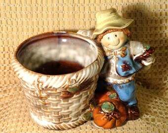 Adorable Fall, Autumn Planter - Scarecrow Standing Beside Large Basket - Harvest Time Decor - Halloween, Thanksgiving Figurine