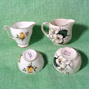 Set of 2 Vintage Miniature Sugar and Creamer Sets - Fine China, Porcelain Sugar Bowl & Creamer Pitcher - Floral Pictures on All