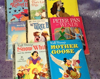 Set of 8 Vintage Children's Books - 1950s to 1980s Little Golden Books - Walt Disney Peter Pan, Pinocchio, Mother Goose