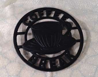 Metal Coffee Break Trivet - Department 56 - Black Metal Circle with Coffee Cup Picture - 8 Inch Diameter - Coffee Lovers Gift for Him or Her