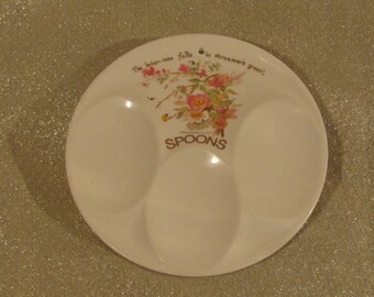 Vintage Circular Spoon Rest with 3 Slots for Spoons - Ceramic Dish with Flowers and Briar Rose Quote - 1977 Webb and Bower