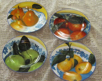 Set of 4 Vintage Fruit Scroll Plates, Sakura Table - Stoneware Salad, Dessert Plates with Colorful Fruit Pictures - Like New, Great Shape