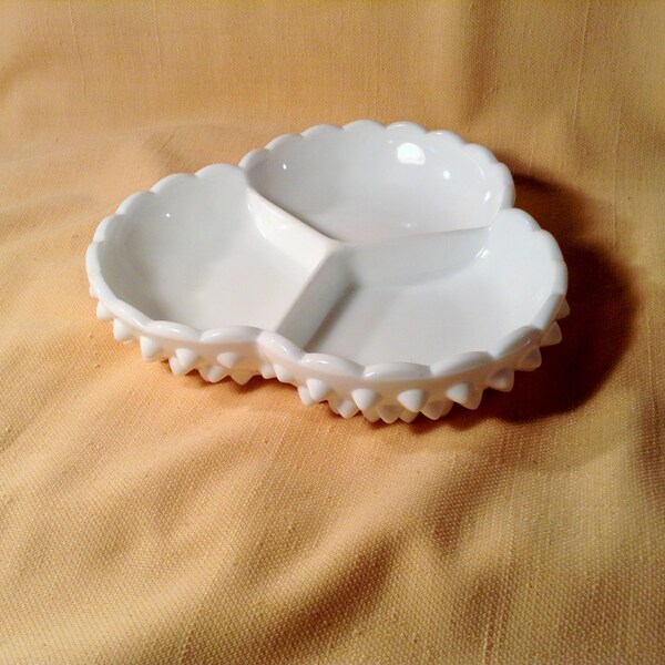 Vintage Spiked Hobnail Divided Dish - Milk Glass - Fenton - Tripartite Candy or Nut Dish - Wedding Decor