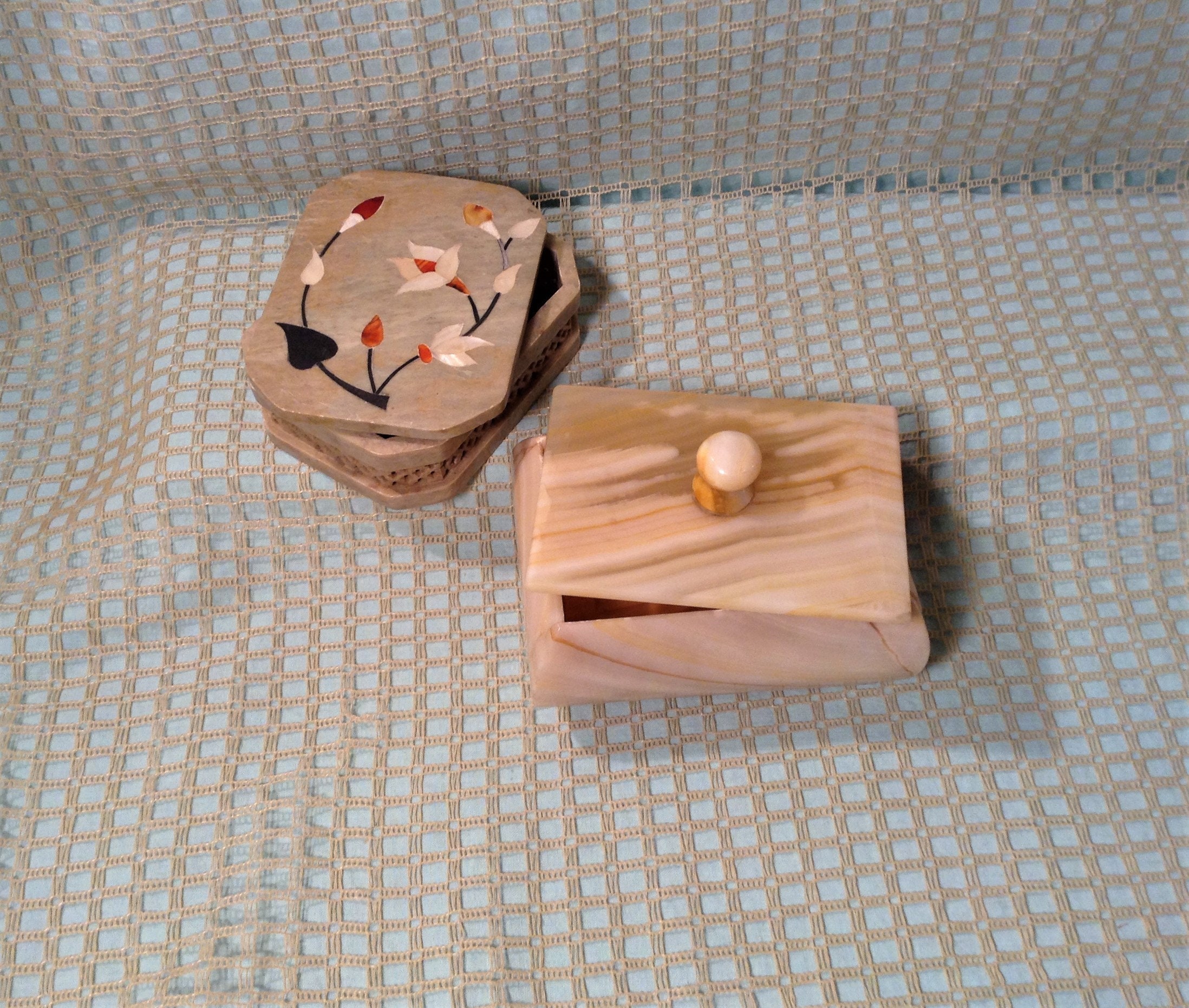 Set of 2 Stone Trinket Jewelry Boxes Soapstone Inlaid Etsy
