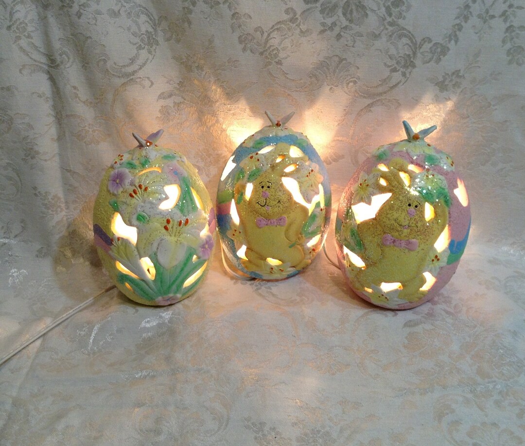 Set of 3 Light up Easter Eggs Pink, Yellow, & Blue Eggs With Bunny