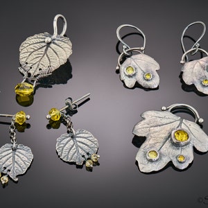 Fine silver leaves with yellow gemstones (Kiwi Citrine; Chrysanthemum Gold Topaz)