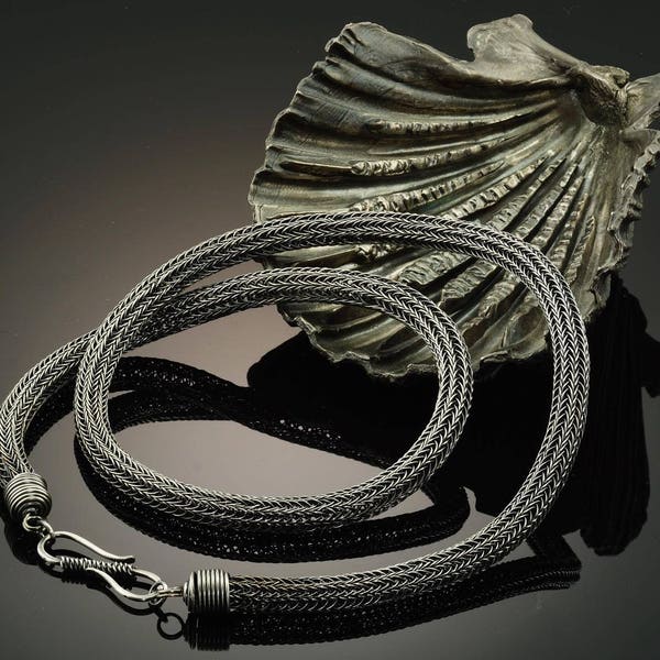 Custom model “Python-J” - Viking knit hand-made silver chain necklace.