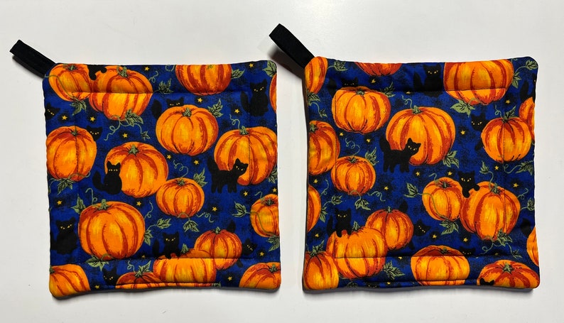 Black Cats & Pumpkins Pot Holders Set of 2 Handmade Quilted Halloween Potholders Hot Pads Witchy Cats Halloween Decor Whimsicalli USA image 2