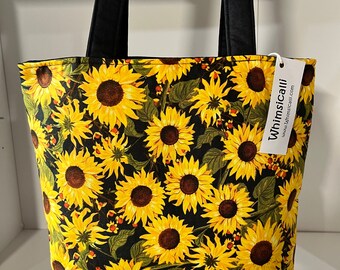 Sunflower Shoulder Bag Purse Handbag • Padded Floral Tote Bag with Inside & Outside Pockets • Handmade in Oregon USA by Whimsicalli