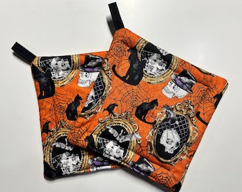 Halloween Pot Holders • Set of 2 Handmade Quilted Haunted House Black Cat Halloween Hot Pads • Witchy Halloween Decor • Whimsicalli USA