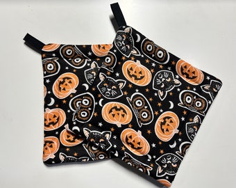 Halloween Pot Holders • Set of Handmade Quilted Halloween Potholders Hot Pads • Vintage Cats Owls Pumpkins Halloween Decor • Whimsicalli USA