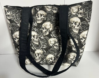 Skulls and Roses Shoulder Bag Purse Handbag  • Witchcore Gothic Dark Academia Padded Tote Bag with Inside Pockets • Handmade by Whimsicalli