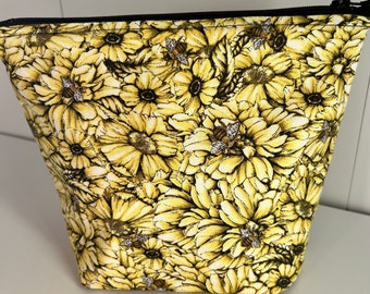 Yellow Daisies & Bees Floral Zipper Pouch • Art School Supply Craft Project Cosmetic Toiletry Makeup Bag Zipper Pouch • Whimsicalli handmade