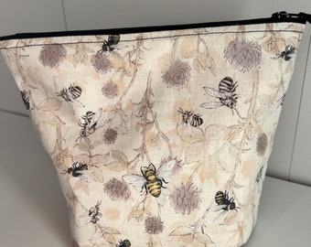 Bee Floral Fabric lined Zipper Pouch • Art School Supply Craft Project Cosmetic Toiletry Makeup Bag Zipper Pouch • Whimsicalli handmade USA