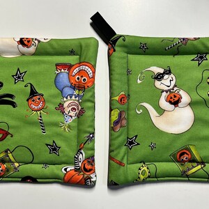 Whimsical Halloween Pot Holders Set of thick Handmade Quilted Halloween Hot Pads Vintage Style Childrens Halloween Decor Whimsicalli image 2