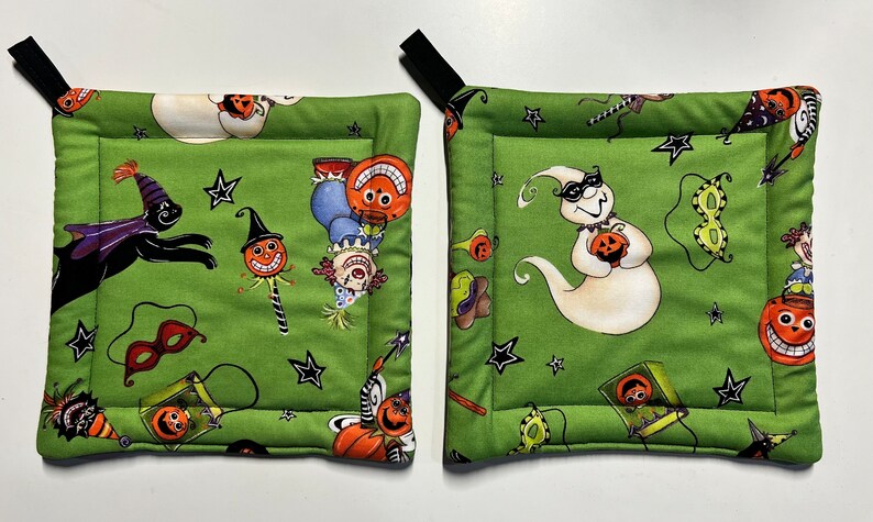 Whimsical Halloween Pot Holders Set of thick Handmade Quilted Halloween Hot Pads Vintage Style Childrens Halloween Decor Whimsicalli image 2