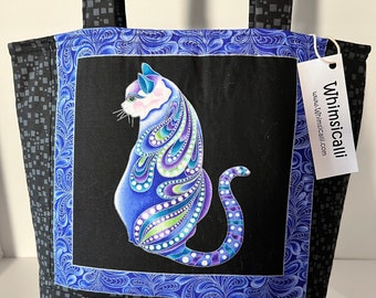 Cat Shoulder Bag Purse Handbag • Blue and Black Padded Cat Tote Bag with Inside & Outside Pockets • Handmade in Oregon, USA by Whimsicalli