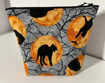 Black Cats & Full Moon Zipper Pouch • Witchy Cosmetic Toiletry Makeup Bag • Witchcore Aesthetic Halloween Project Supplies Bag • Whimsicalli