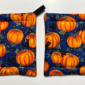 Black Cats & Pumpkins Pot Holders Set of 2 Handmade Quilted Halloween Potholders Hot Pads Witchy Cats Halloween Decor Whimsicalli USA image 3