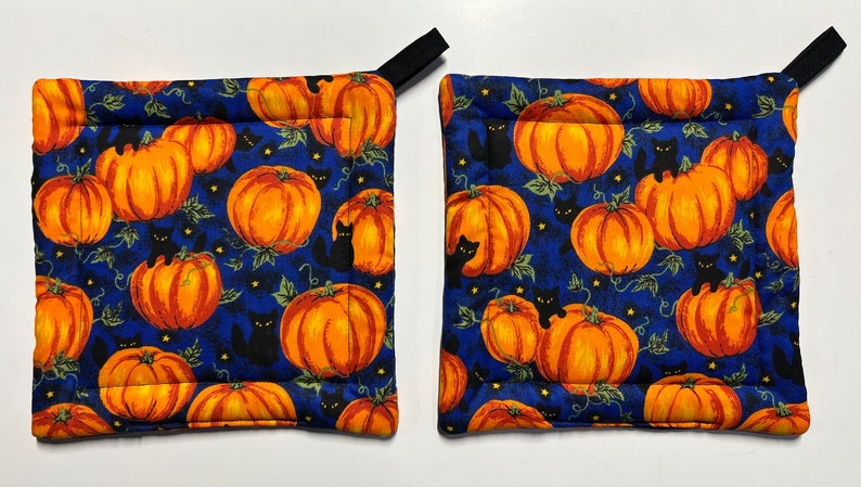 Black Cats & Pumpkins Pot Holders Set of 2 Handmade Quilted Halloween Potholders Hot Pads Witchy Cats Halloween Decor Whimsicalli USA image 3