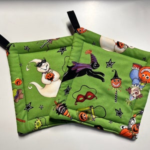 Whimsical Halloween Pot Holders Set of thick Handmade Quilted Halloween Hot Pads Vintage Style Childrens Halloween Decor Whimsicalli image 1