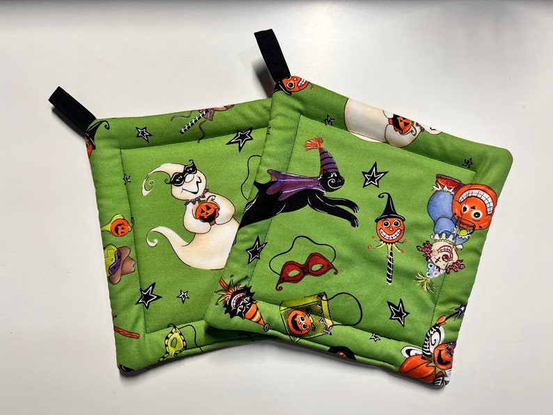 Whimsical Halloween Pot Holders Set of thick Handmade Quilted Halloween Hot Pads Vintage Style Childrens Halloween Decor Whimsicalli image 1