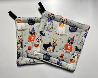 Halloween Dog Pot Holders • Corgi, French Bulldog, Dalmatian, Retriever in Halloween Costumes Set of 2 Handmade Pot Holders •  Whimsicalli