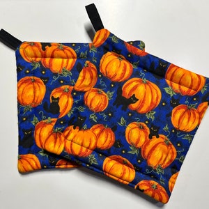 Black Cats & Pumpkins Pot Holders Set of 2 Handmade Quilted Halloween Potholders Hot Pads Witchy Cats Halloween Decor Whimsicalli USA image 1