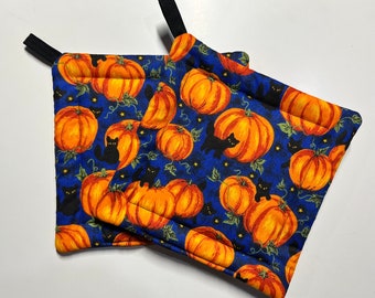 Black Cats & Pumpkins Pot Holders • Set of 2 Handmade Quilted Halloween Potholders Hot Pads • Witchy Cats Halloween Decor • Whimsicalli USA